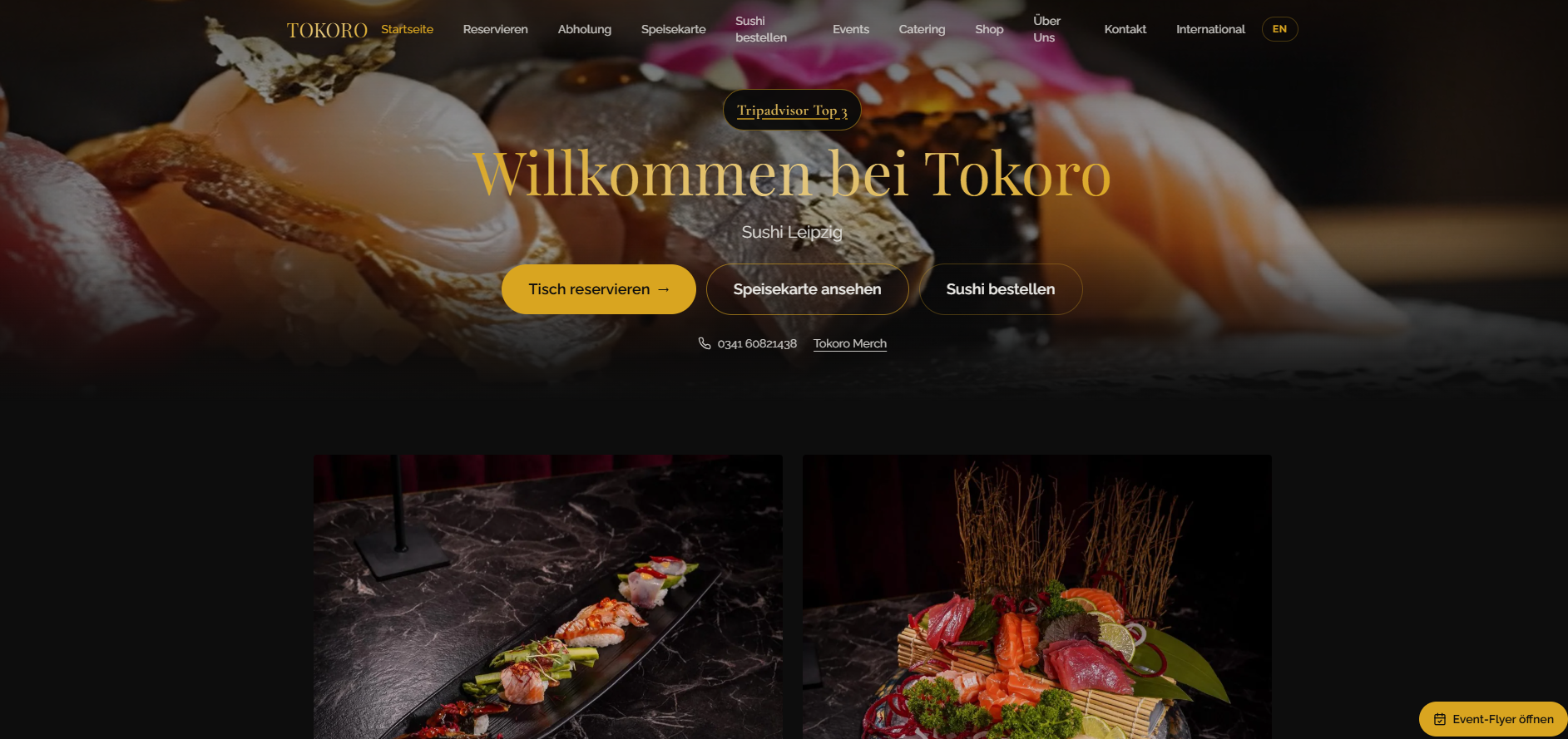 Website-Entwurf für Tokoro mit Sushi-Foto sowie Wegen zum Reservieren und Bestellen