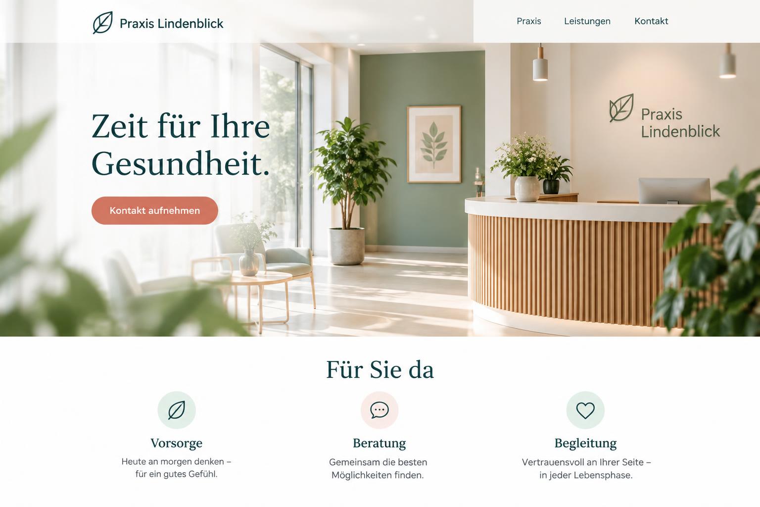 Fiktiver Praxis-Website-Entwurf Praxis Lindenblick mit hellem Empfang und Kontaktweg